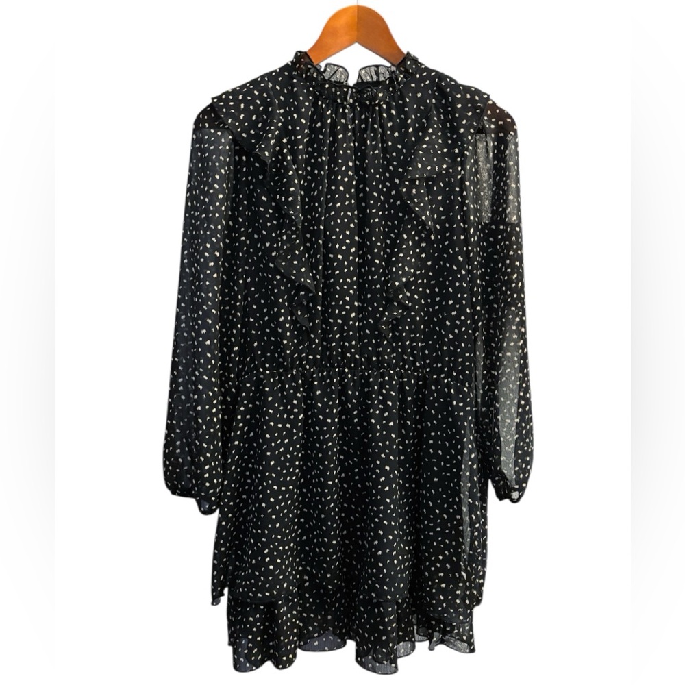 Zara Mock Neck Long Sleeve Mini Dress Black White Speckle Medium